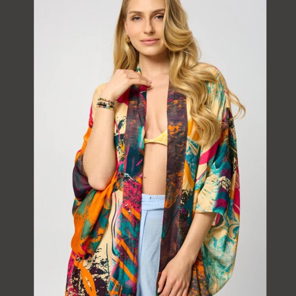 Vibrant Satin Kimono Robe SAACHI NEW - Picture 7 of 13